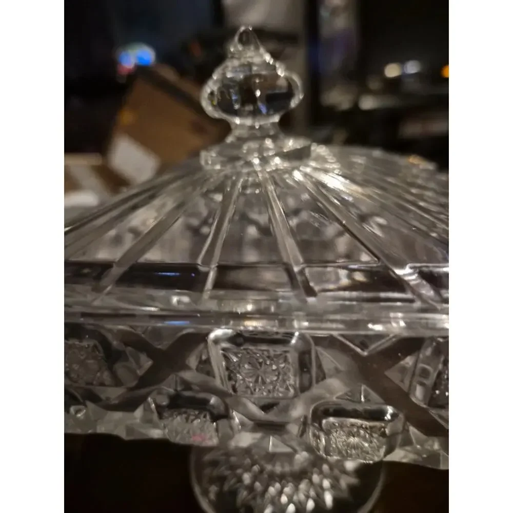 Eapg covered candy dish compote in bridle rosette pattern
